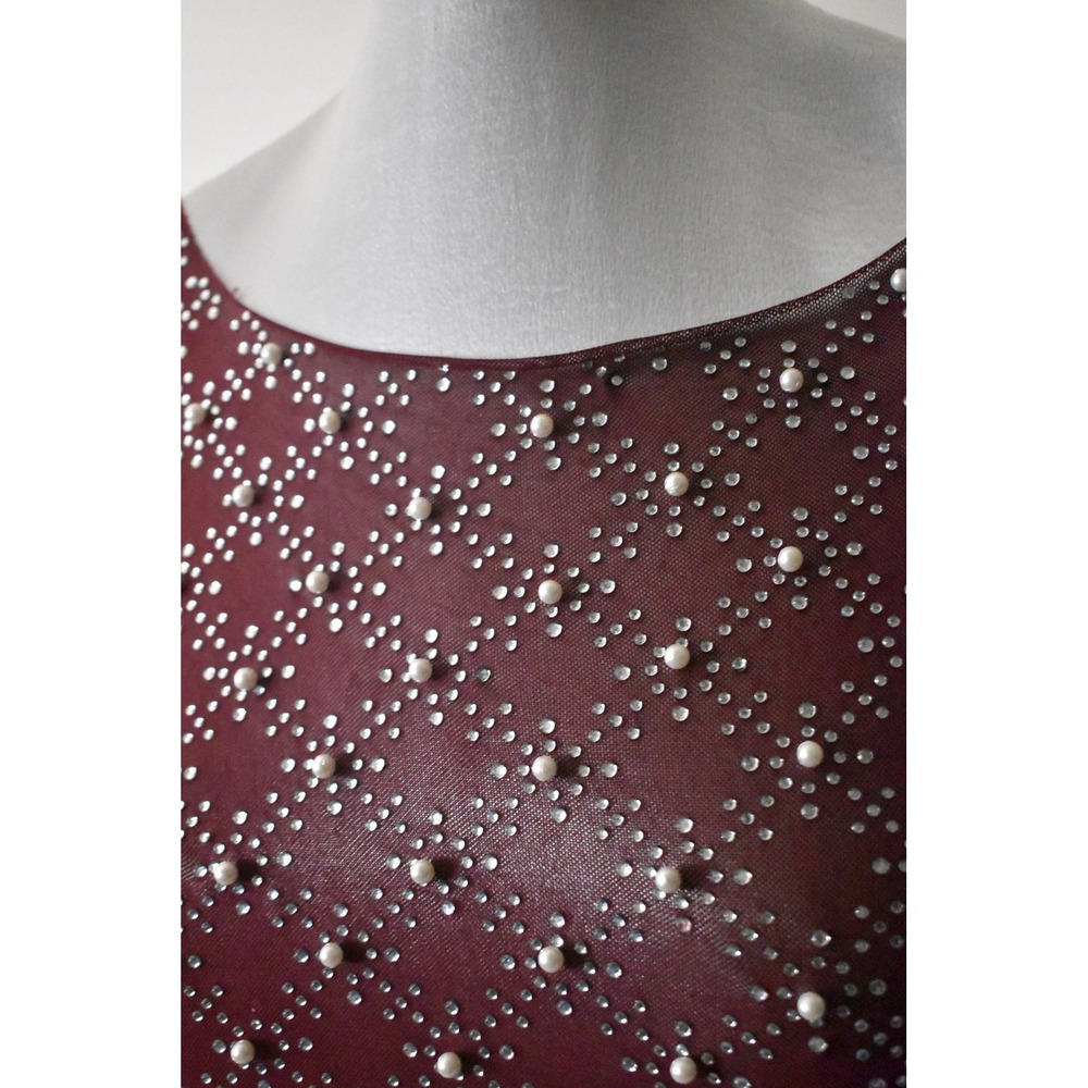 Faded Rose Mesh Top Women Large Burgundy Modern Pearl Rhinestone Embellished M8 - Picture 3 of 10